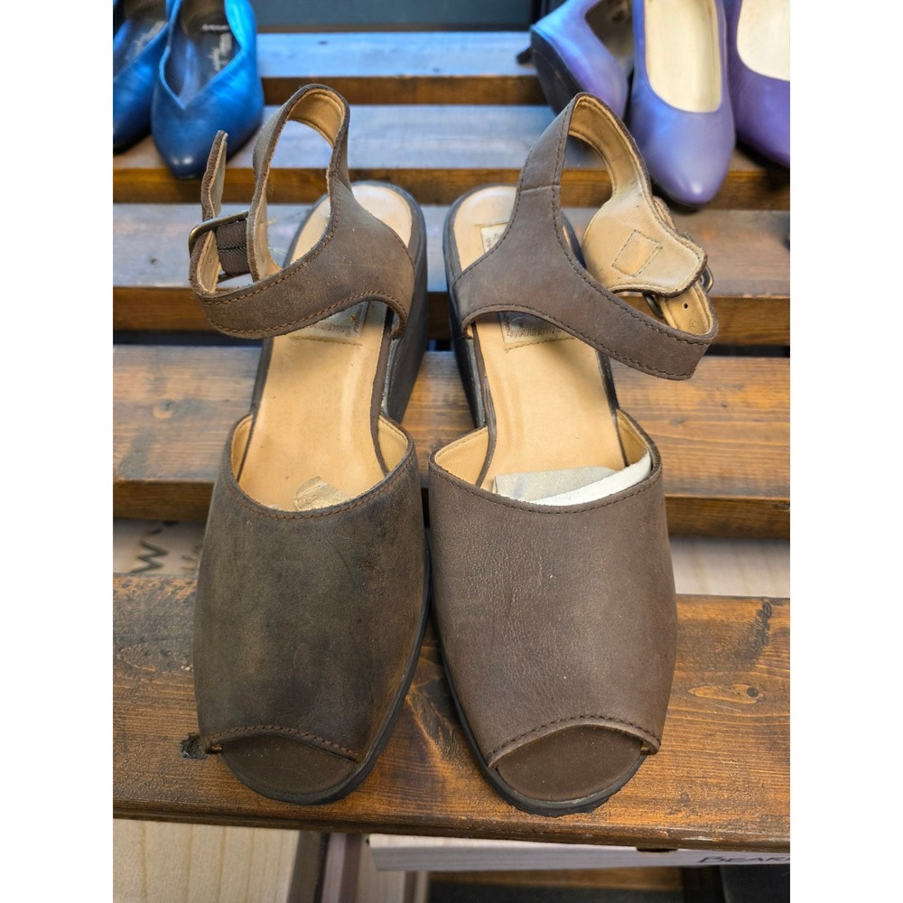 Candies Brown Leather Wedge Sandals Ankle Strap Peep Toe Platform 10